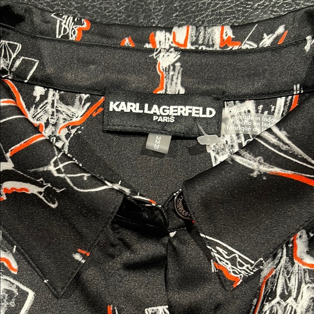 NWOT Karl Lagerfeld Women Black Preppy Graphic Button Down Beach Cover Up Med - Picture 4 of 15